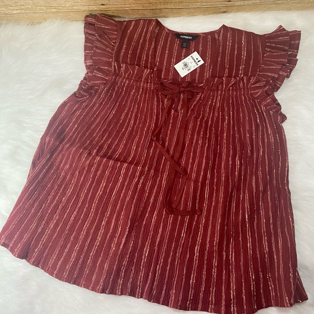 Express Top XXS Flutter Sleeve Blouse Tie Neck Women's NWT